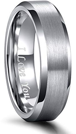 Greenpod 6MM Tungsten Carbide Engagement Rings for Men Beveled Edges Polish Wedding Band Women Engraved I Love You Comfort Fit Size 10