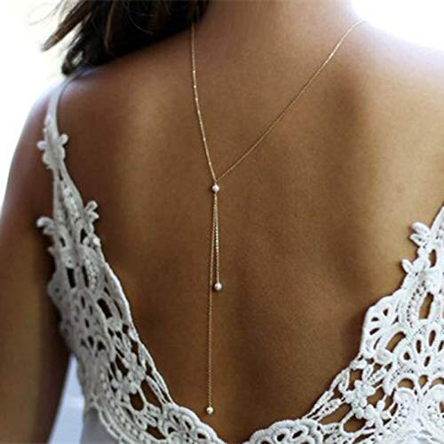 TseenYi Perlen-Halskette, goldfarben, lange Rückseite, Brautschmuck, Lariat-Halskette, Schmuck für Damen und Mädchen, 1 Count (Pack of 1), Metall, Perle