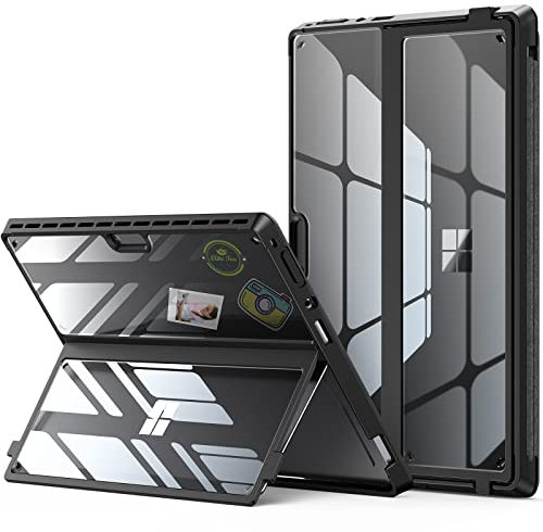 INFILAND Hülle Kompatibel mit Microsoft Surface Pro 8, Hoch Klar Transparent Stoßsichere Robuste Tragbare Schutzhülle Mehrwinklig Einstellbarer Ständer für Surface Pro 8 13 Zoll 2021 Tablette, Schwarz