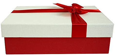 Emartbuy Geschenkbox, Hartschale, 24,5 x 17 x 6,5 cm, strukturierte rote Box mit weißem Deckel, innen braun und rotes Satinband