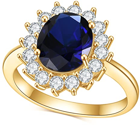 Gem's Beauty 2,37 Karat blauer Saphir-Ring aus echtem 925er Sterlingsilber, vergoldet, Prinzessin Diana Statement-Verlobungsring, handgefertigter Ring, Schmuck für Damen und Mädchen (Größe 7).