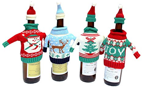 Ailovone 4 Stück Weihnachten Flasche Weihnachten Weinflasche Deckel Weihnachten Weinflasche Abdeckung Flaschenkörbe träger Weihnachten Pullover Wein Flasche Flaschebeutel Flaschetasche (Q2-4PCS)