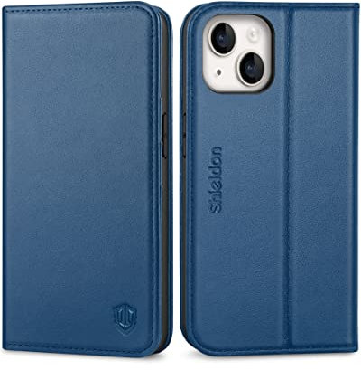 SHIELDON Hülle für iPhone 14 Schutzhülle [Rindsleder] [Stoßfest ] [Standfunktion] [Kartenfach] TPU Magnetisch Klappbar Handyhülle Ledertasche Telefon Case Kompatibel mit iPhone 14 6,1 - Königsblau