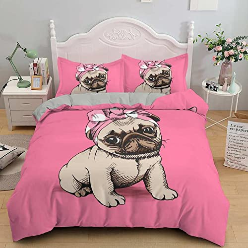 SJSXWQN Bettwäsche 135x200 Rosa Mops Bettwäsche-Set mit Reißverschluss Schließung für Kinder Mädchen Weicher Atmungsaktive Mikrofaser Bettbezug + 2 Kopfkissenbezug 80x80 cm
