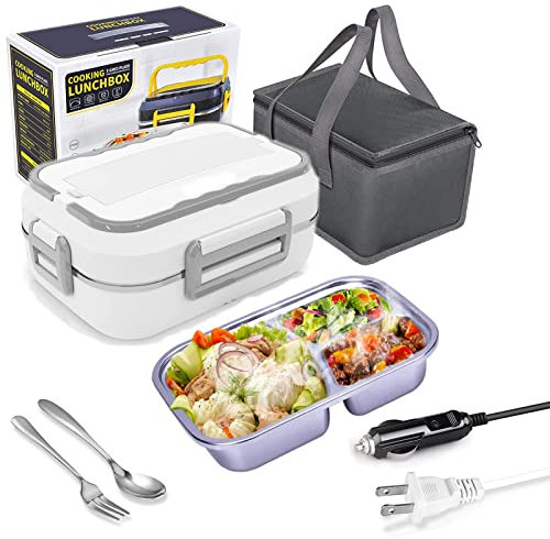 VANEME Electric Lunch Box 60W Food Warmer Heater 12V 24V 110V Faster Heated Lunch Box for Car/Truck/Home Portable Heating Boxes with 1.5L 304 SS Container Fork & Spoon