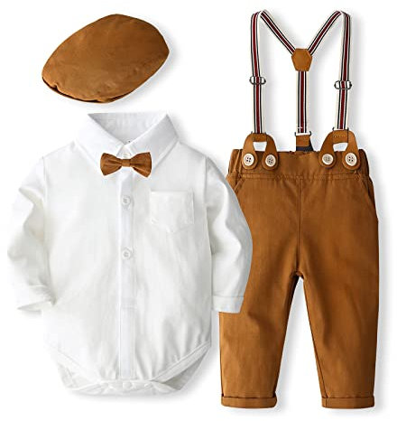 Geagodelia Completo Neonato 3 Pezzi Gentiluomo Tutina Camicia Manica Lunga+ Pantaloni con Bretelle + Cappello Abito Bambino Elegante Battesimo Cerimonia (Bianco, 6-12 Months)