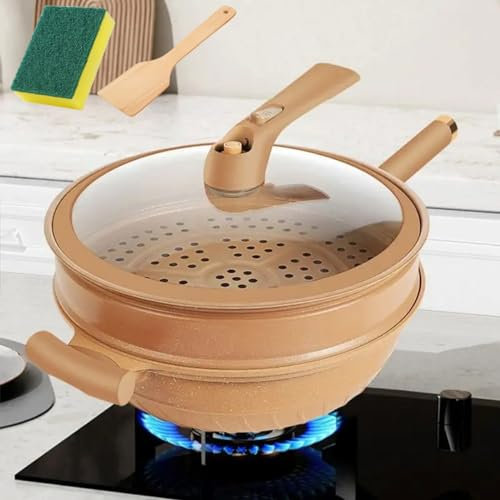 Cemssitu Non-Stick Clay Wok with Steamer Basket Clay Wok Micro-Pressure Wok Multifunctional Non-Stick Household Frying Pan Induction