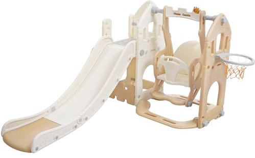 Merax Rutsche für Kinder, 5 in 1 Kinderrutsche mit Schaukel, Basketballkorb, Kletterturm, Stauraum, Kinder Spielplatz Gartenrutsche für In- und Outdoor, Hinterhof Baby Rutsche Set, Rosa&weiß-Schloss