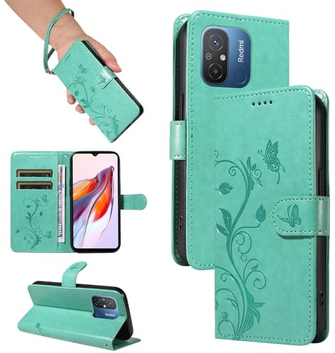 SRISHP Hülle für Redmi 12C / Redmi 11A 4G Handyhülle, Grün | Premium PU Leder, Handyhülle Mit Band, Magnet Flip Case, Kartenfächer, Ständer Klappbar Tasche, Standfunktion Schutzhülle