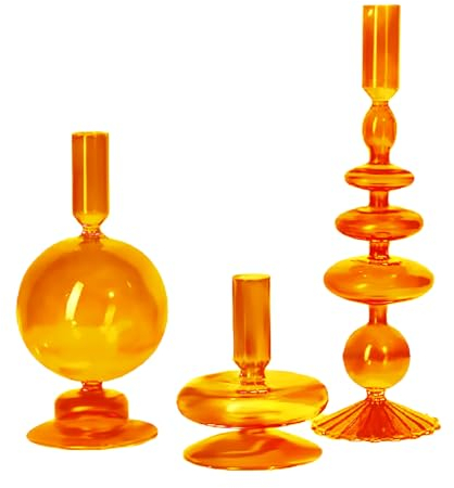 Glas-Kerzenständer, 3er-Set, Vintage-Kerzenhalter, Moderne Kerzenhalter für Tischdekoration, Klares, Gewelltes Design, Kegelkerzenhalter für Hochzeit, Party, Zuhause, Desktop-Dekoration(Orange)