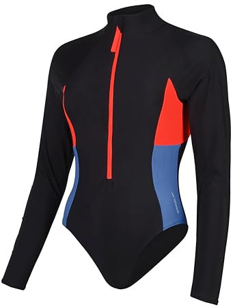 Speedo Women's Long Sleeve Zip Colourblock 1 Piece Swimsuit | One Piece | Swim Fitness, Dragon Fire, L