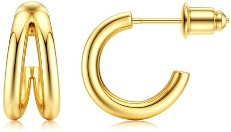 Dochais Creolen Ohrringe Gold Damen |14K Vergoldetes Halbe Creolen mit 925 Silber Ohrsteckerstift, Hypoallergene Offene Doppel Creolen, Klein Huggie Creolen Schmuck Geschenke für Mädchen Frauen, 14mm.
