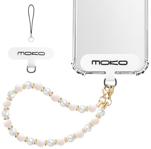 MoKo Cordino Universale per Cellulari, Cinturino da Polso per Cellulari in Perline con Laccetto, Cordino per Cellulari per iPhone 15 Pro Max/14 Pro Max/ 13 Pro Max ecc. - Rosa Bianco