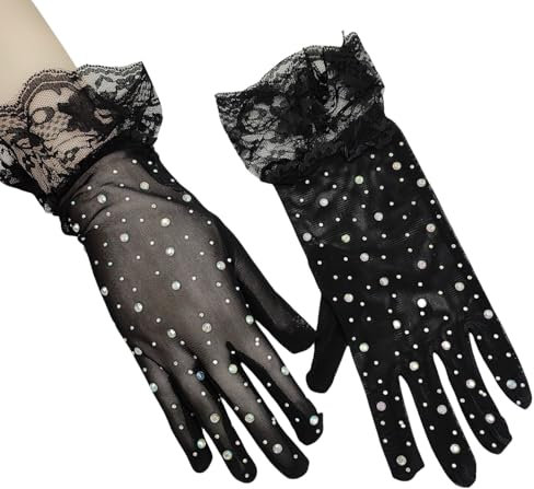 DyLyz 2 Paar Damen Handschuhe aus floraler Spitze schwarz kurz Strass Brauthandschuhe Hochzeit Handgelenklänge Netzstoff Rüschenmanschette Vollfingerhandschuhe für Abendessen Oper Party Cos