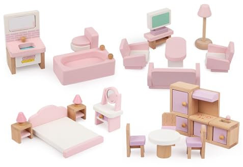 Hojalis Wooden Dollhouse Furniture Set, 22Pcs Dolls House Furniture Doll Accessories, Including Kitchen Dining Room Living Room Bedroom Bathroom, Pretend Play Furniture Toys for Kids Ages 3 Year Old +