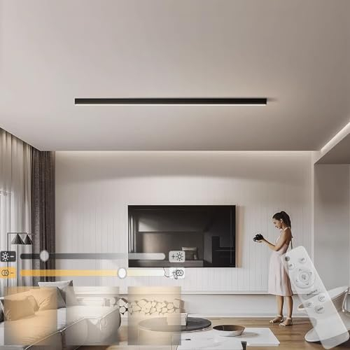 GZZBMY Modern Dimmbar LED Deckenleuchte Panel mit Fernbedienung Wohnzimmerlampe Lang Bürolampe Decke Super Deckenpanel Lampe Starker Leuchtkraft Licht für Küche Schlafzimmer 200CM (Schwarz,150CM)
