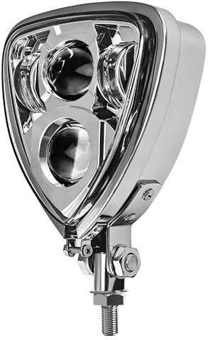 FATECIM Triangle Motorcycle LED Headlight Motorbike Hi/Lo Beam Headlamp Bottom Mount Head Light Lamp Clear Lens Universal for Harley Kawasaki Honda Yamaha Suzuki Chopper Cafe Racer Bobber Chrome