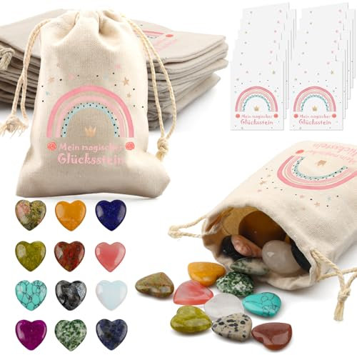 12er Glückssteine für Kinder, Kindergeburtstag Mitgebsel mit Edelsteine Jutesäckchen und Magische Steine Kärtchen, Give Away für Taufe Kommunion Hochzeit oder Wichtelgeschenk, Glücksbringer Kinder (A)