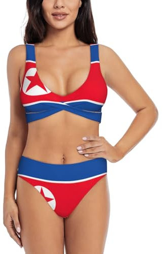 Maillot de bain deux pièces taille haute imprimé drapeau coréen, bikini pour femme, bikini triangle à coupe haute, Noir , XXL