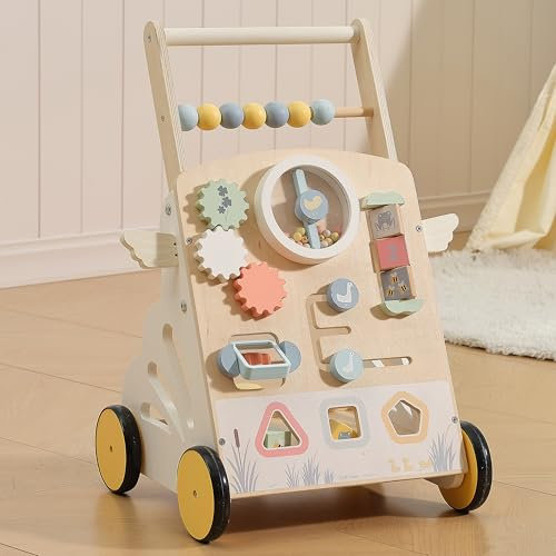 KizKnows Baby Lauflernwagen Holz mit Spielgeräte Aktivitätszentrum Set Sicherheitsbremse Spielzeug Laufwagen Lernspielzeug Holzspielzeug Geschenk für Kleinekinder Kinder ab 12 Monaten