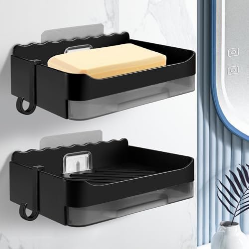 Seifenschale Selbstklebend Seifenschalen Seifendose Seifenhalter Dusche Ohne Bohren 2 Stück Wandmontage Seifenschale Seifenschalenhalter mit Abtropfschale und Haken für die Badezimmerküche (Schwarz)
