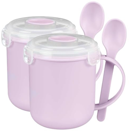 TIGHUP Microwaveable Soup Mug with Spoon x Pack of 2 - Lilac - Great for Microwaving Soups, Meals & Beverages - Ideal for Work, School & Travel or on The Go - Bpa Free