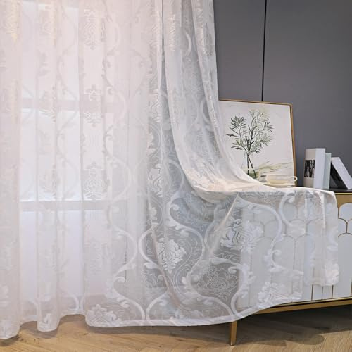Vintage Vorhang Halbtransparent Ösen 3D Tufted Barock Gardinen Wohnzimmer | Weiß Gardinen Transparent Lichtdurchlässig Ösenvorhang Ösenschal für Schlafzimmer 2er Set 140x245
