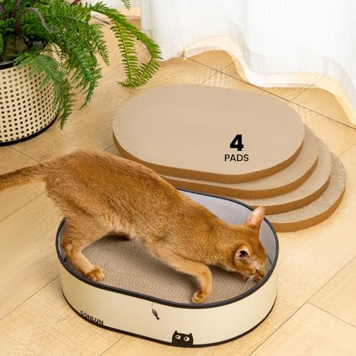 Conlun Kratzbrett Katze, Oval Kratzbox Katze mit 4 Wende-Pads, Langlebiges | Dichte Kratzpappe, Geschlossener Boden für Sauberkeit, Schützt Sofa, Ideal zum Spielen und Ruhen