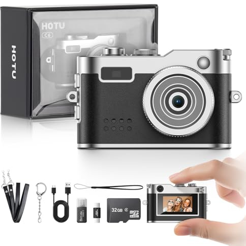 Mini Keychain Camera Tiny Portable Small Cameras Vintage Compact Micro Cameras - Pocket Video Recorder with 32GB Card, OTG Adapters for Travel Study Recording（Retro Leather-Black）