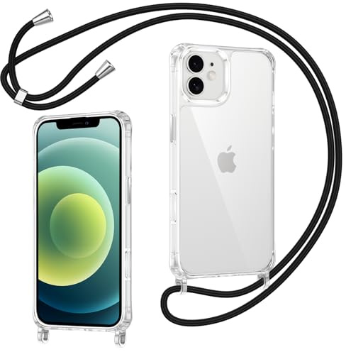 Coiwxmoi Transparente Funda para iPhone 12 Mini con Cuerda, Anti-Choque Anti-arañazos Carcasa con Colgante Collar Ajustable TPU Silicona Protección Case con Cordón para iPhone 12 Mini, Negro