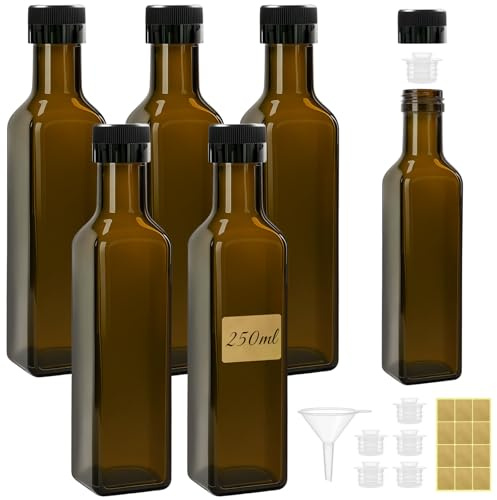 Hengxinchen 6 Stück 250ml Olivenöl Flasche, Essig und Ölspender, Öl Flaschen, Auslaufsicher Tropffrei, Olivenölflasche mit Trichter, Etiketten, Glasflasche für Küche und BBQ