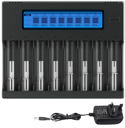 Palogreen 8 Slot 18650 Battery Charger - Smart LCD Charger With Discharge Function for 3.7V Li-Ion 18650 26650 16340(RCR123) 21700 14500 CR123A 17500 18500 and 1.2V NIMH AA/AAA Rechargeable Batteries