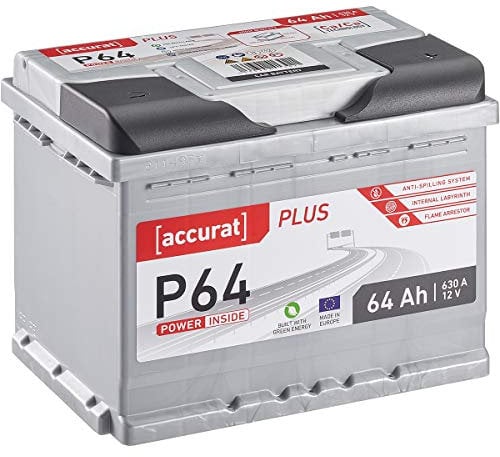 Accurat Plus P64 Autobatterie - 12V, 64Ah, 630A, zyklenfest, wartungsfrei, 35% mehr Startleistung, Ca-Technologie, Kaltstartkraft - Starterbatterie, Nassbatterie, Blei-Säure Batterie