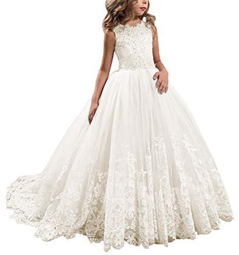Princess Ivory Long Girls Pageant Dresses Kids Prom Puffy Tulle Ball Gown US 4
