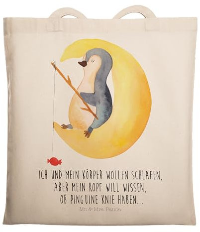 Mr. & Mrs. Panda Tragetasche Pinguin Mond - Geschenk, müde, Nachtruhe, Jutetasche, Stoffbeutel, Schlafzimmer, Gästezimmer, Süßigkeiten, Jutebeutel,