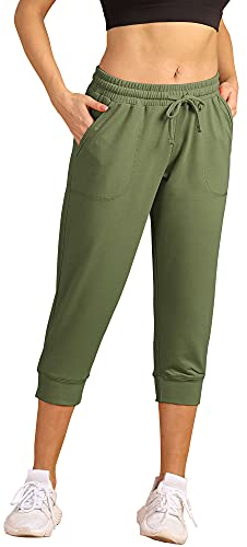 icyzone Damen Jogginghose 3/4 Sporthose Laufhose Sommer Freizeithose Sweathose Casual Capri Hose (M, Army)