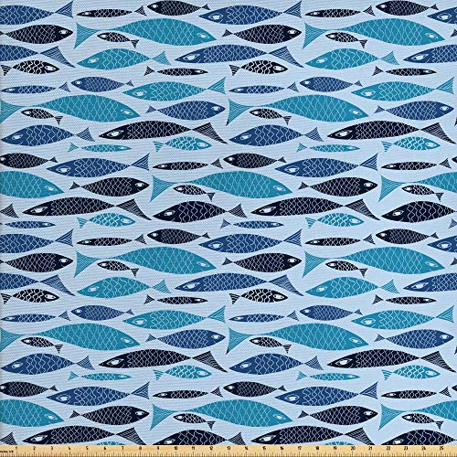 ABAKUHAUS Marine Stoff als Meterware, Graphic Fisch Silhouetten, Qualitäts Stoff Dekorativer Polster Heimtextilienstoff, 2M (148x200cm),Blau Dunkelblau Dunkelblau