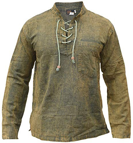 Gheri Mens Hemp Cotton Lace Up V Neck Grandad Shirt Stone Washed Green Medium