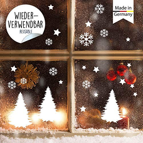 Wandtattoo Loft Fensterbilder Weihnachten mit Tannenbaum, Sternen & Schneeflocken – Wiederverwendbar – A4 Bogen, 25 Sticker – Weihnachstdeko Fenster, Weihnachtsbilder Fenster, Fensterbild Winter