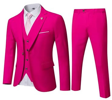 MY'S Herren 3-teiliges Anzug-Set mit Krawatte, Ein-Knopf-Anzug, schmale Passform, solide Jacke, Weste, Hose, Abschlussball, Party, Hochzeit, Business-Anzüge für Männer, Fuchsia, XL