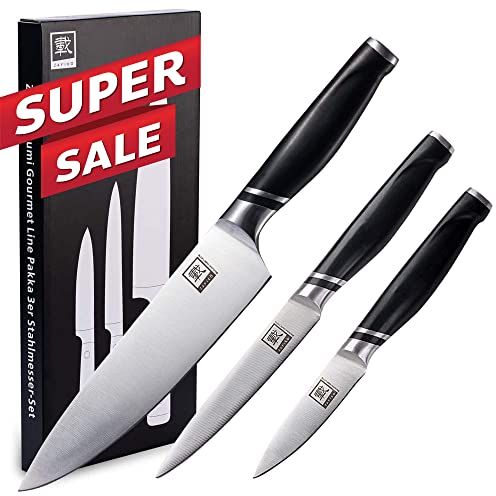 Zayiko NAMI 3-teiliges Küchenmesser Set aus deutschem Edelstahl mit Klingen 8,5cm bis 20cm und ergonomischen Griffen aus ABS, Scharfes Profi-Kochmesser-Set mit Chefmesser, Allzweckmesser, Officemesser