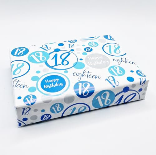 Geschenkpapier zum 18. Geburtstag, 2 Bögen + 2 passende Geschenkanhänger zum 18. Geburtstag, Blau / Weiß