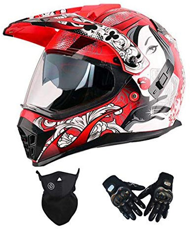 Casco da Motocross Donna Rosso, Doppia Visiera, Casco Moto Cross con Guanti Maschera, Casco Moto Enduro Offroad Casco Integrale da Discesa MTB Quad MX ATV Downhill Motorino Scooter,M