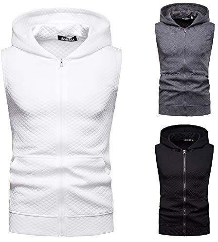 APAELEA Uomo Senza Maniche Felpa Sportivi Maglia Fodera in Pile Cappuccio Colore Solido Gym Tank Top con Tasche,Bianco,S