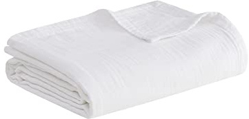 Madison Park Blanket Gauze 100% Cotton Soft & Breathable 3 Layers Lightweight Summer Cover, All Seasons, Cozy & Lofty for Bed, Couch and Office, White, Full/Queen(90x90)
