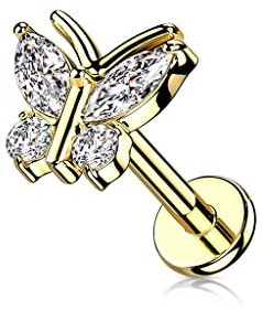 beyoutifulthings 1 Knorpel Ohr-Stecker Schmetterling Gold 4 Zirkonia Clear Piercing-s Chirurgenstahl Schraub-Verschluss Stab 8-mm lang