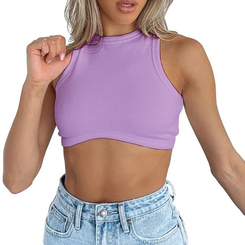 Dwnval Canotta sexy senza maniche girocollo a costine Crop Top lavorato a maglia per le donne, Viola, XS