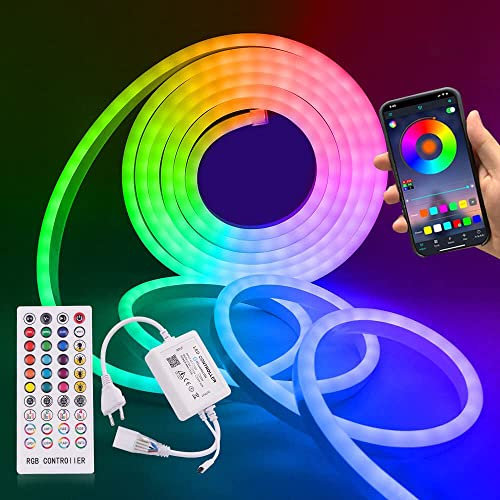 XUNATA 230V Bluetooth Neon LED Streifen, SMD 5050 IP65 Wasserdicht Diffusion Silikon Mehrfarbig Neon Flex LED Schlauch Lichtband (8M)