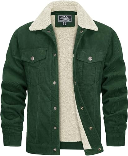 TACVASEN Fleece Lined Jackets for Men Winter Warm Corduroy Lumberjack Jacket Thicken Thermal Trucker Coat with Pockets Emerald Green, L
