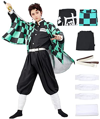 JYakeji 8 Stück Tanjiro Cosplay Kostüm Kimono für Kinder Erwachsene Robe Japanisches Anime Kostüm Halloween Kimono Outfit